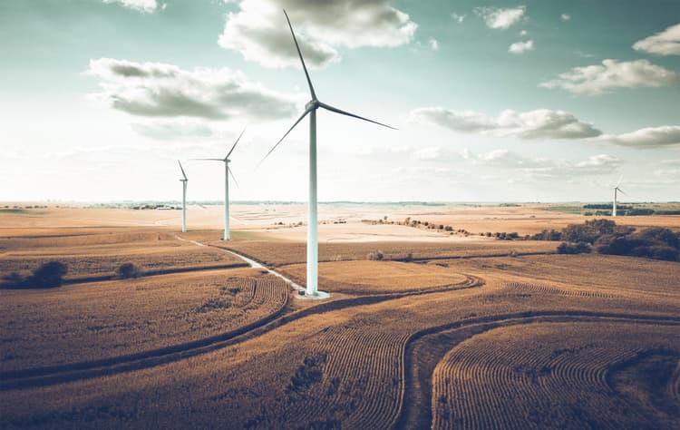 An expansive onshore wind farm with towering turbines set against open fields, showcasing the power of renewable energy and sustainable innovation in clean energy production.