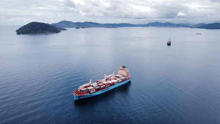 A ship at sea carrying containers, with mountains and other vessels visible in the background, illustrating global trade and maritime logistics amidst a scenic landscape.