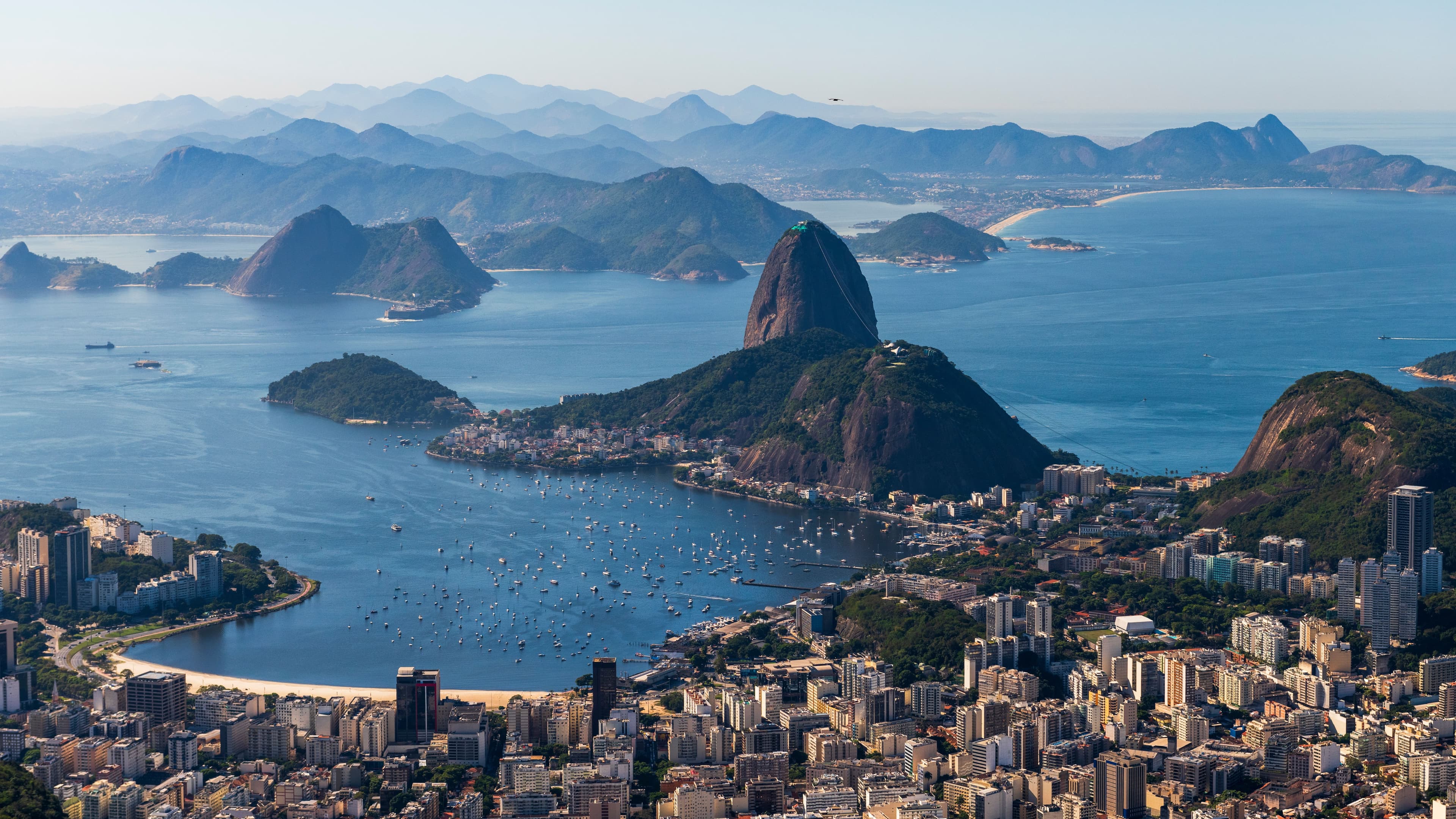 Aerial view of Rio de Janeiro with Sugarloaf Mountain and Guanabara Bay on a clear day